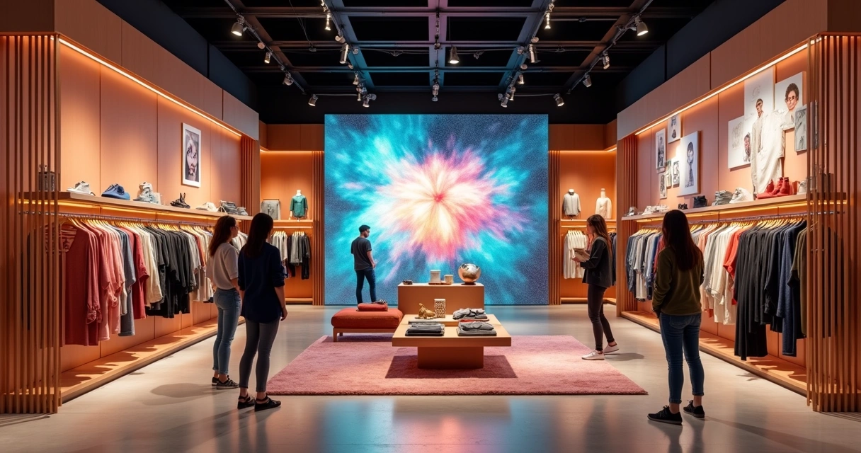 Tela de TV em loja de roupas exibindo oferta sazonal de moda 