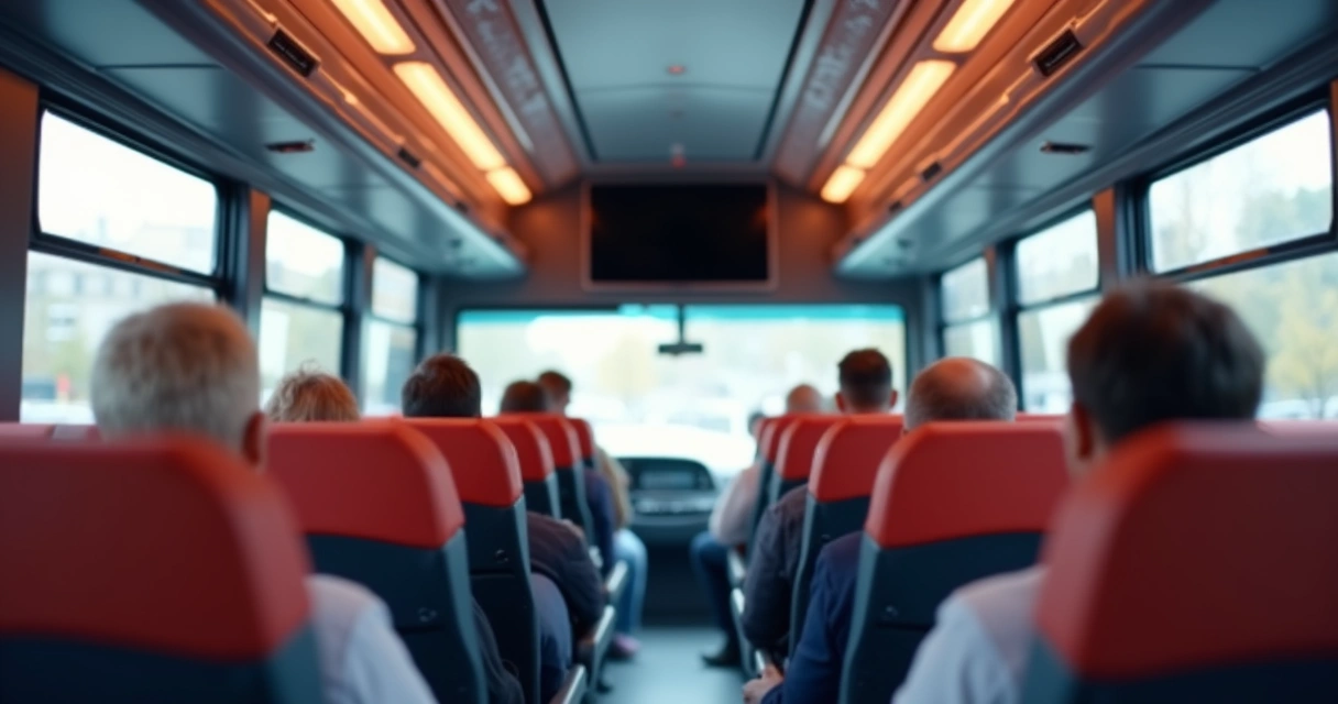 TV instalada no interior de um ônibus acima dos assentos 