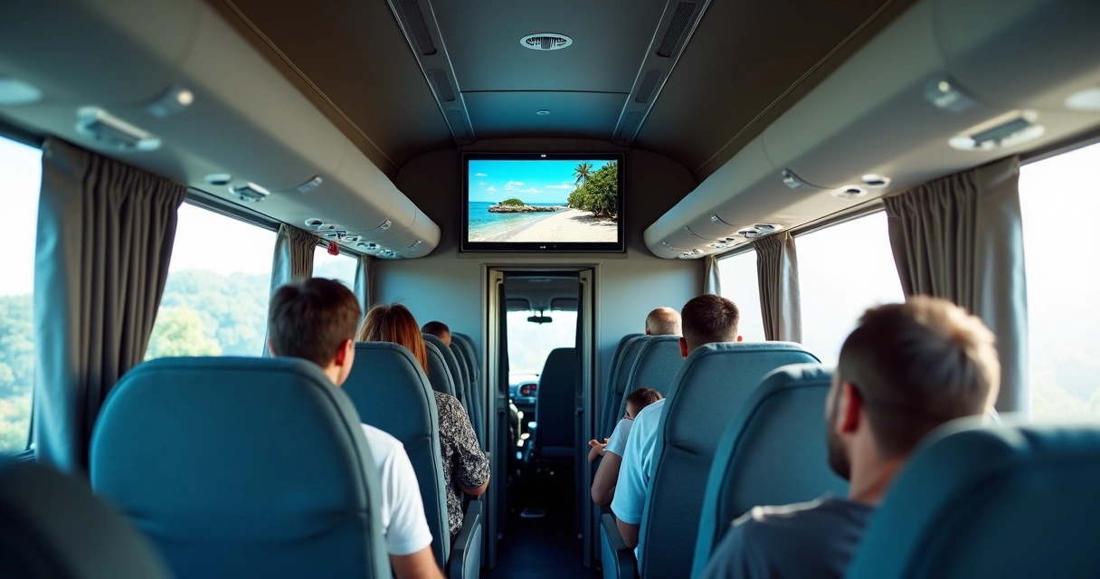 Televisão instalada no interior de ônibus rodoviário com passageiros assistindo 