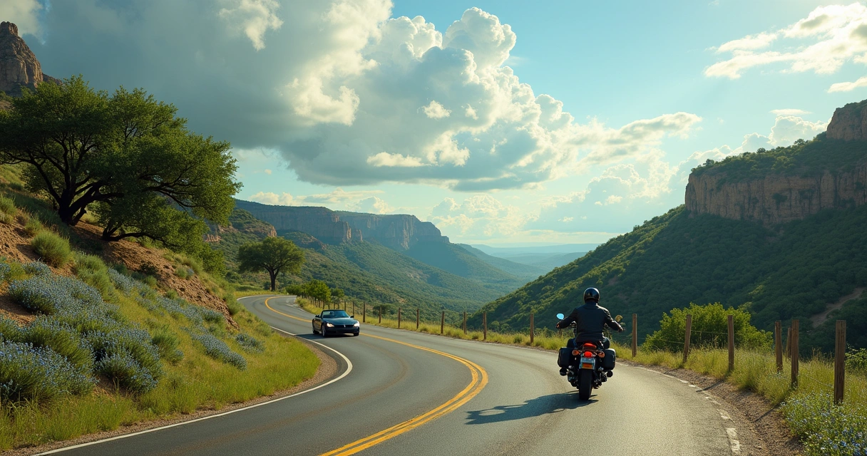 Curving Texas Hill Country road with motorcycle and wildflowers