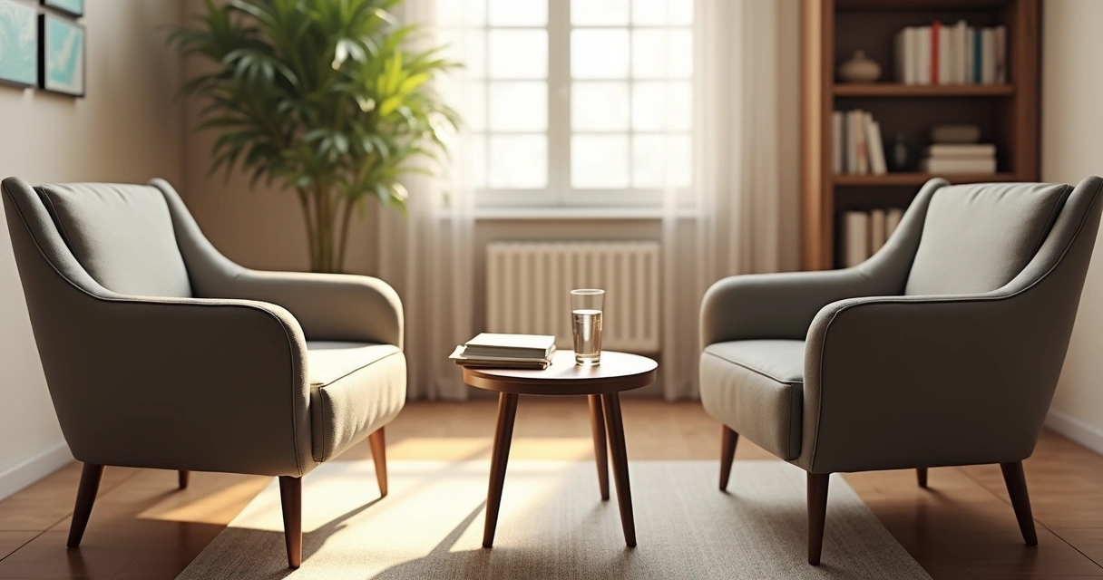 Two chairs facing each other in a calm counseling room