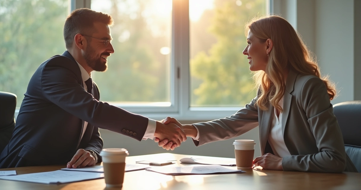Two colleagues shaking hands after intense but respectful discussion