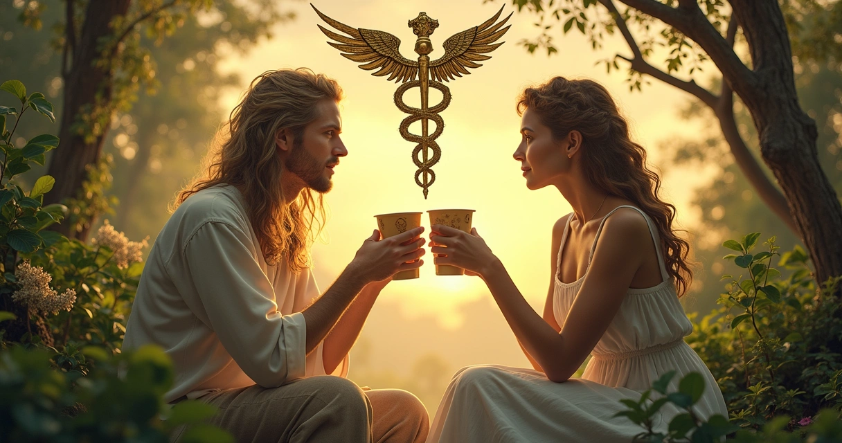 Two figures exchanging cups under caduceus symbol 