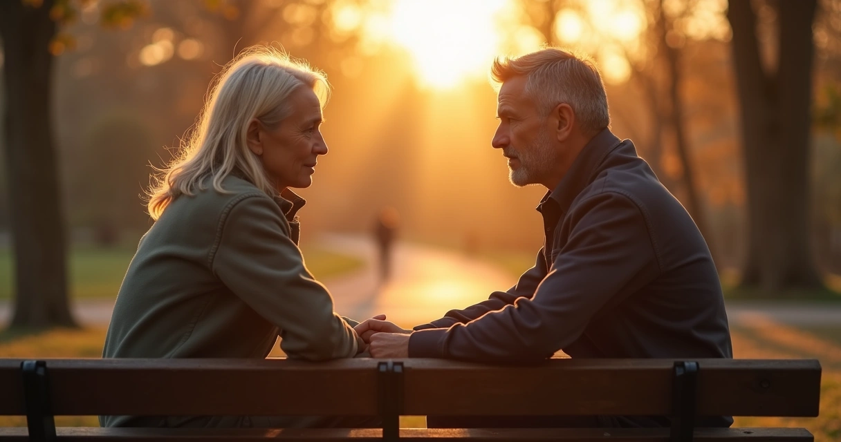 Two friends talking calmly on a park bench at sunset 