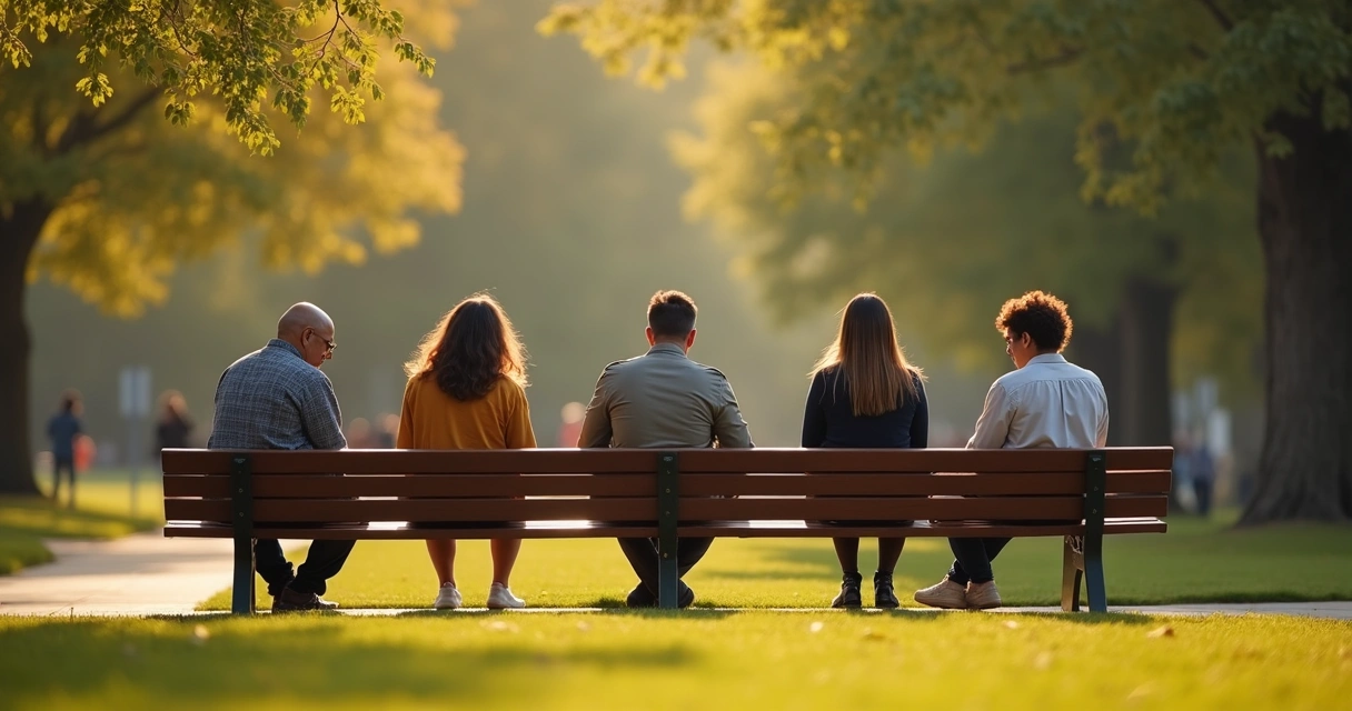 Person sitting between two different groups on a park bench