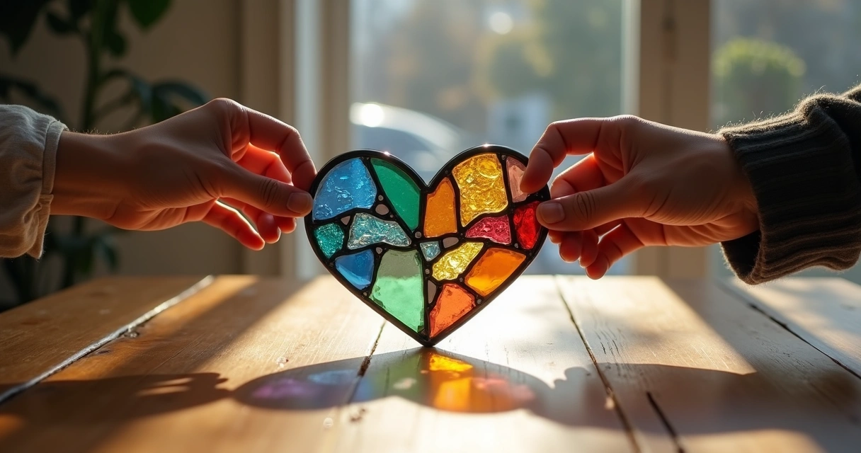 Two different hands assembling a stained-glass heart puzzle on a table 