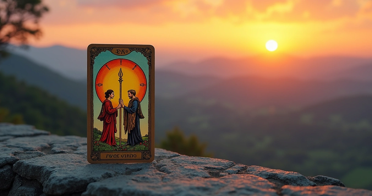 Two of Wands tarot card on a stone ledge overlooking a vast landscape at sunrise 