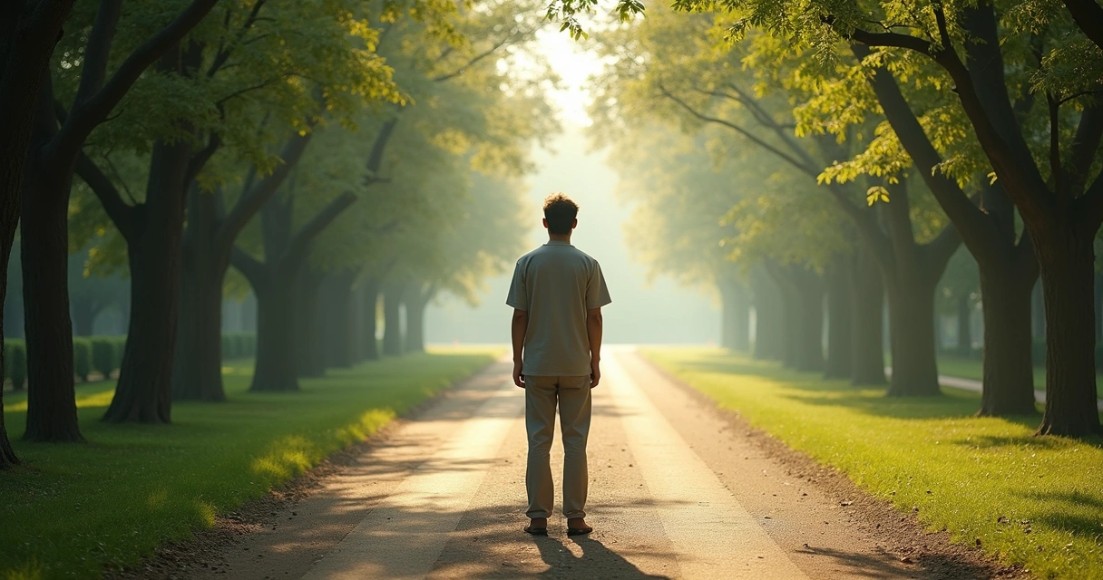 Person standing between two paths in a quiet park