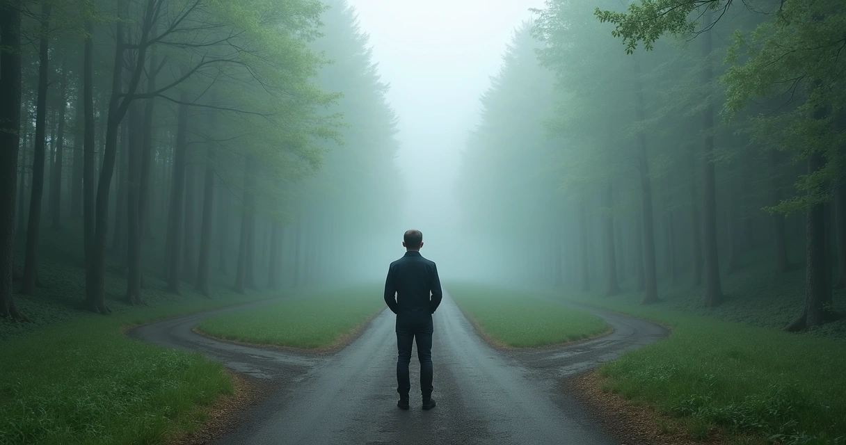Person standing at crossroads with two diverging paths 