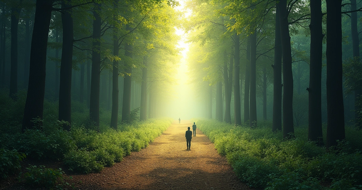 Artistic image showing two diverging forest paths under sunlight 