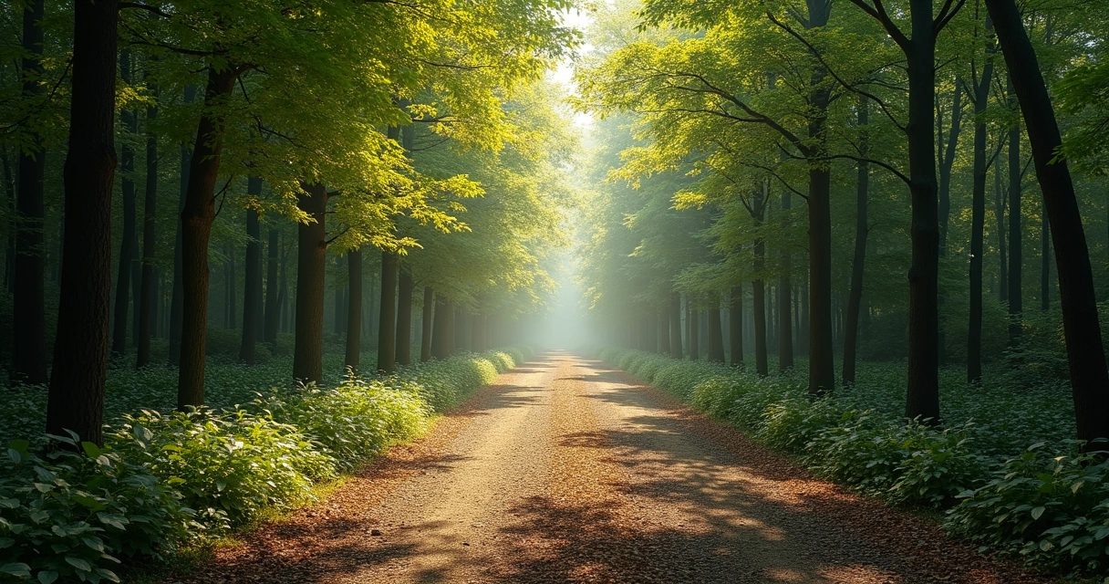 Two forest paths diverging with sunlight and shadows 