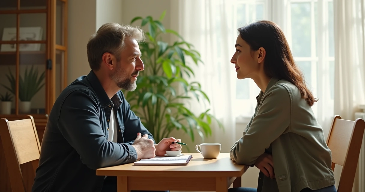 Two people listening carefully across a table with notes between them
