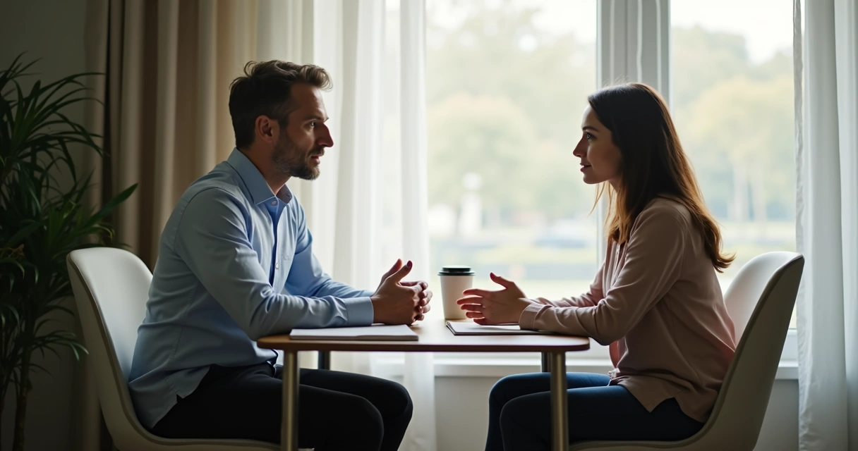 Two people talking calmly at a table 