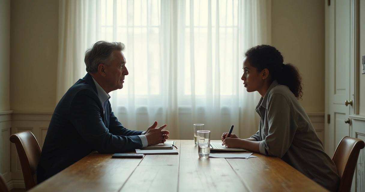 Two people in a calm face-to-face conversation at a table