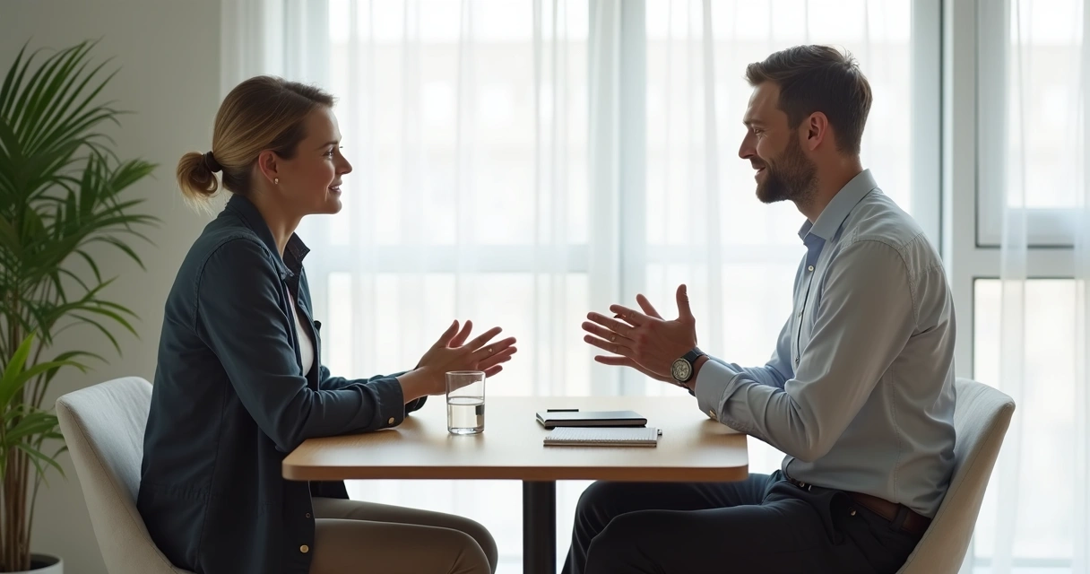 Two people talking calmly across a table 