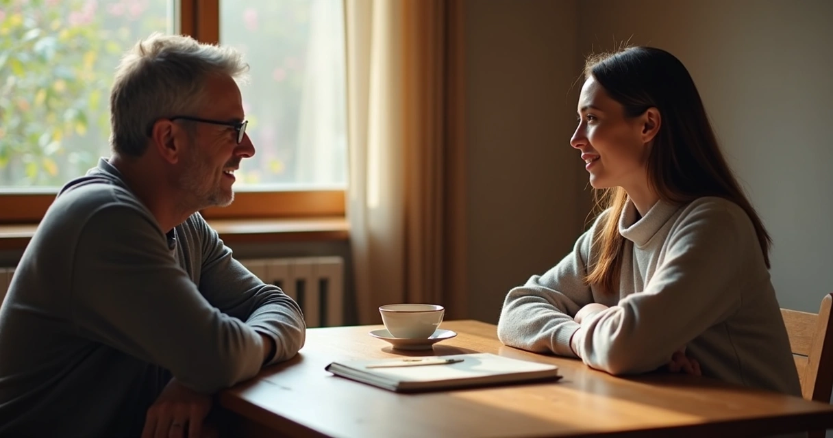 Two people having a calm conversation at a table