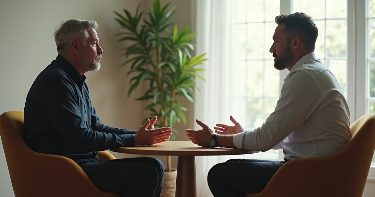 Two people in calm dialogue with space for reflection
