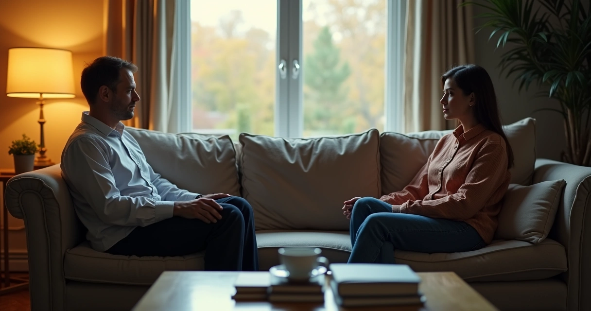 Two people sitting together with visible emotional distance 