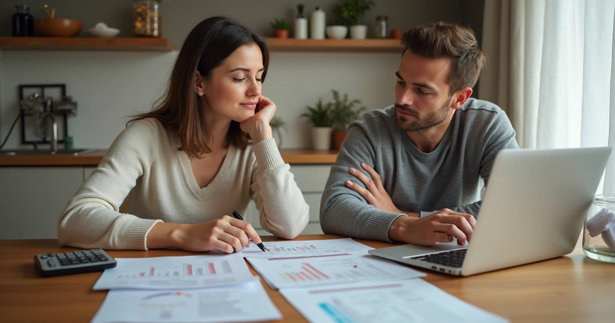 Two people reviewing finances at a kitchen table