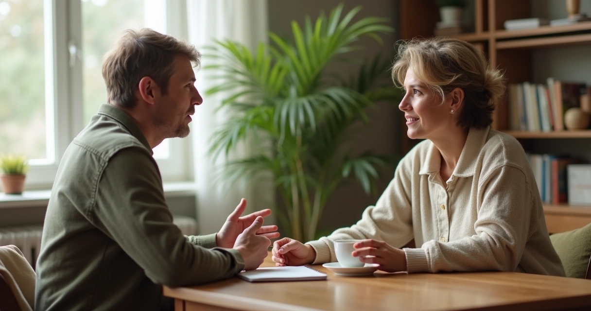 Two people in a calm conversation at a table