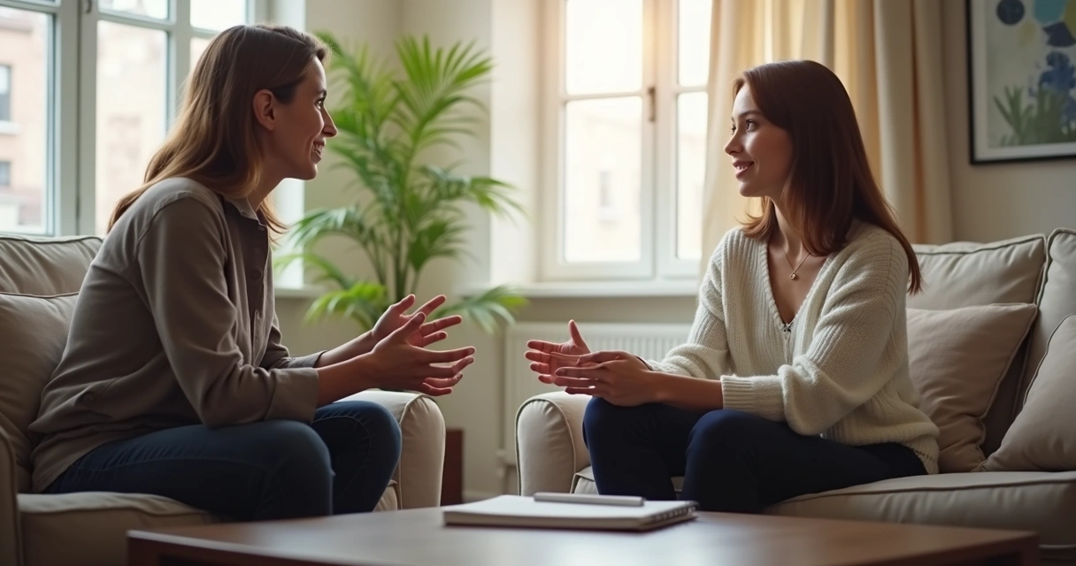 Two people in a calm conversation at home