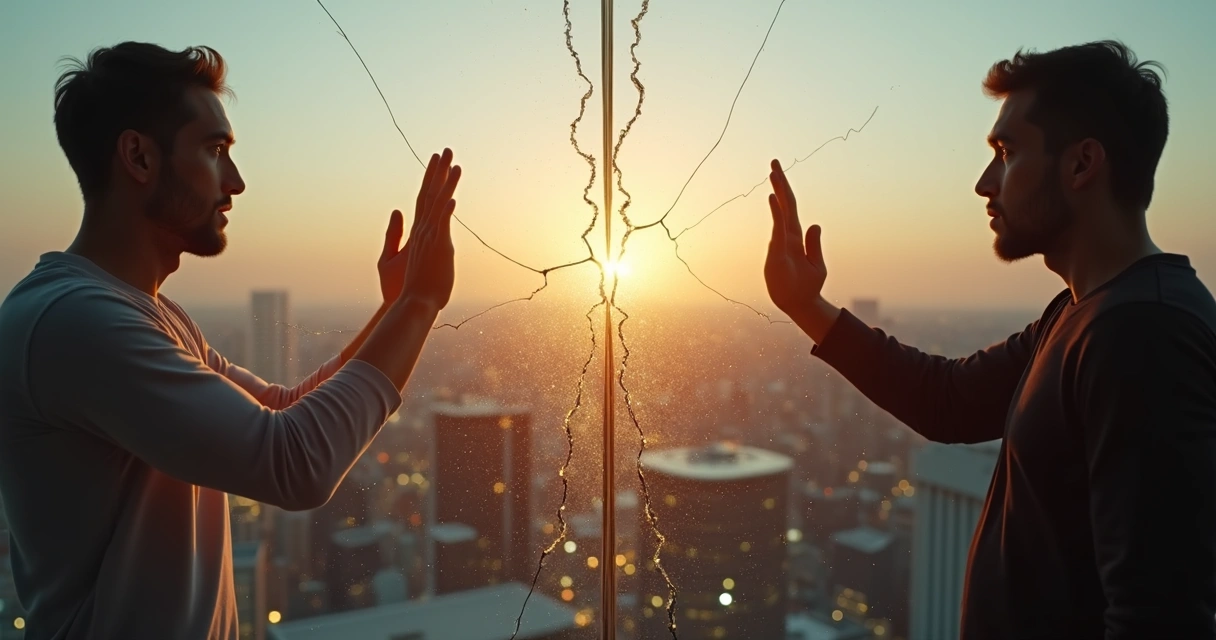 Two people gently mending a fractured glass wall between them 