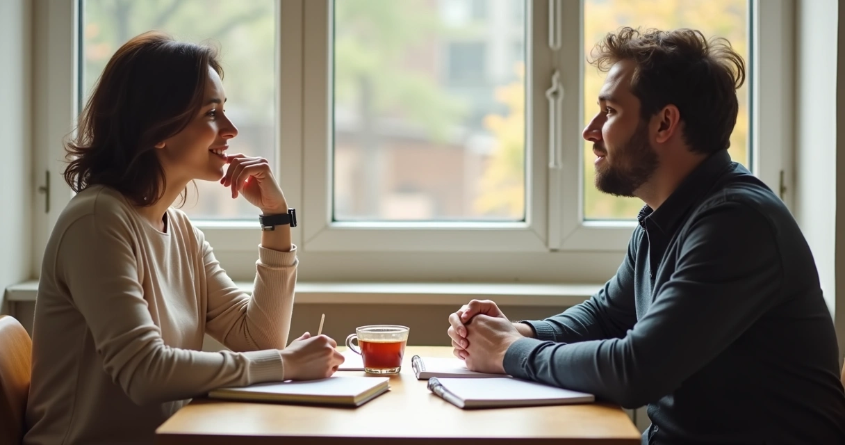 Two people talking at a table 