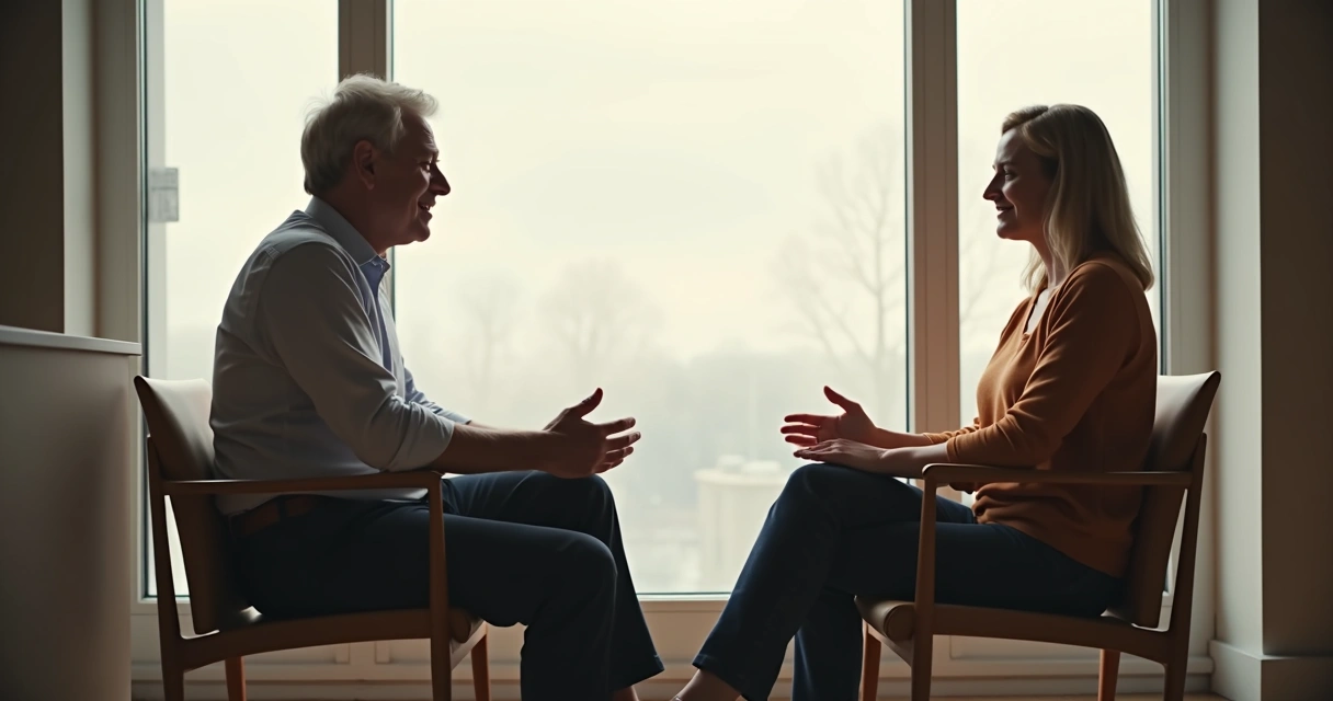 Two people in calm conversation by a window 