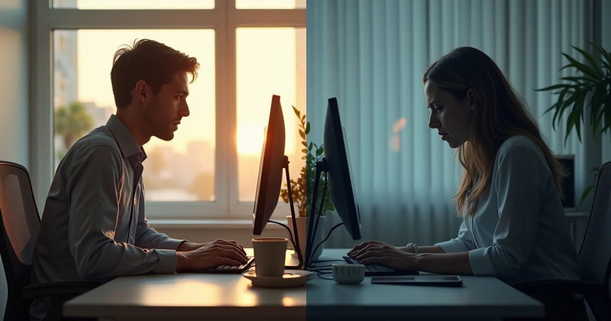 Split office portrait showing calm boundary-setting and emotional withdrawal 
