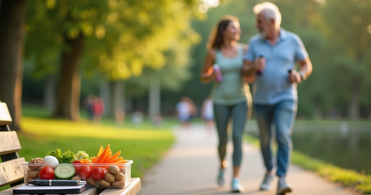 Middle-aged man and woman with diabetes walking in a park with a healthy snack box 