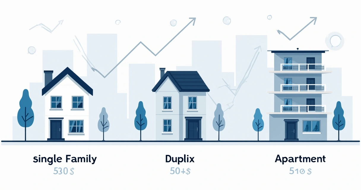 Comparison diagram of single-family home, duplex, and small apartment building 