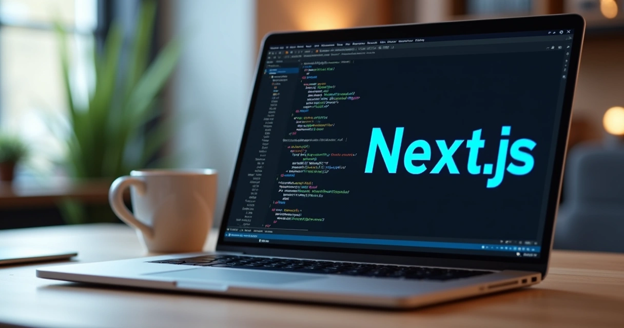 Computador com código TypeScript aberto ao lado de logotipo Next.js 