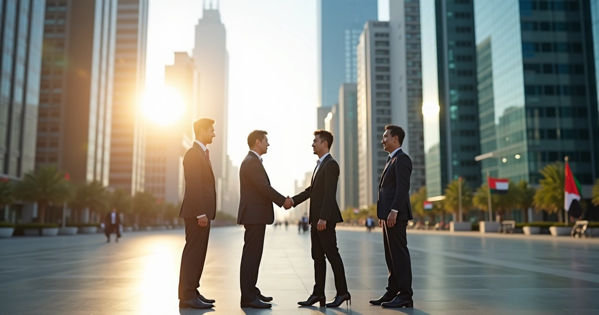 Modern UAE business district with Chinese and Emirati business people shaking hands