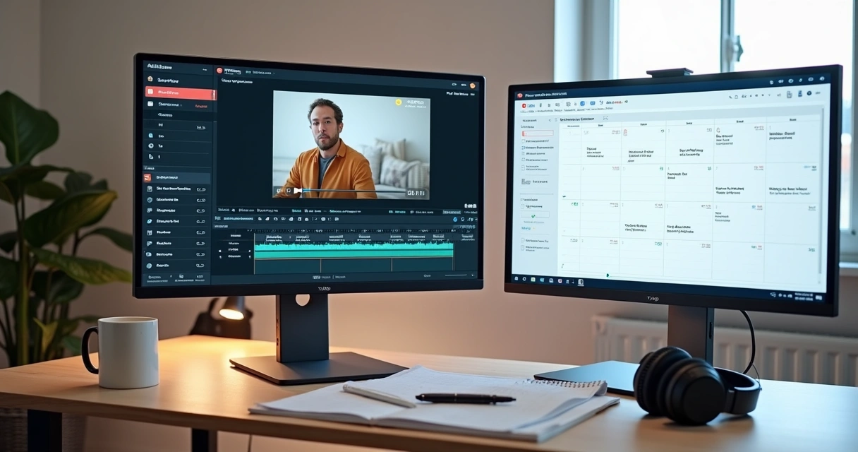 Digital workspace with screens showing UGC video editing and scheduling tools 