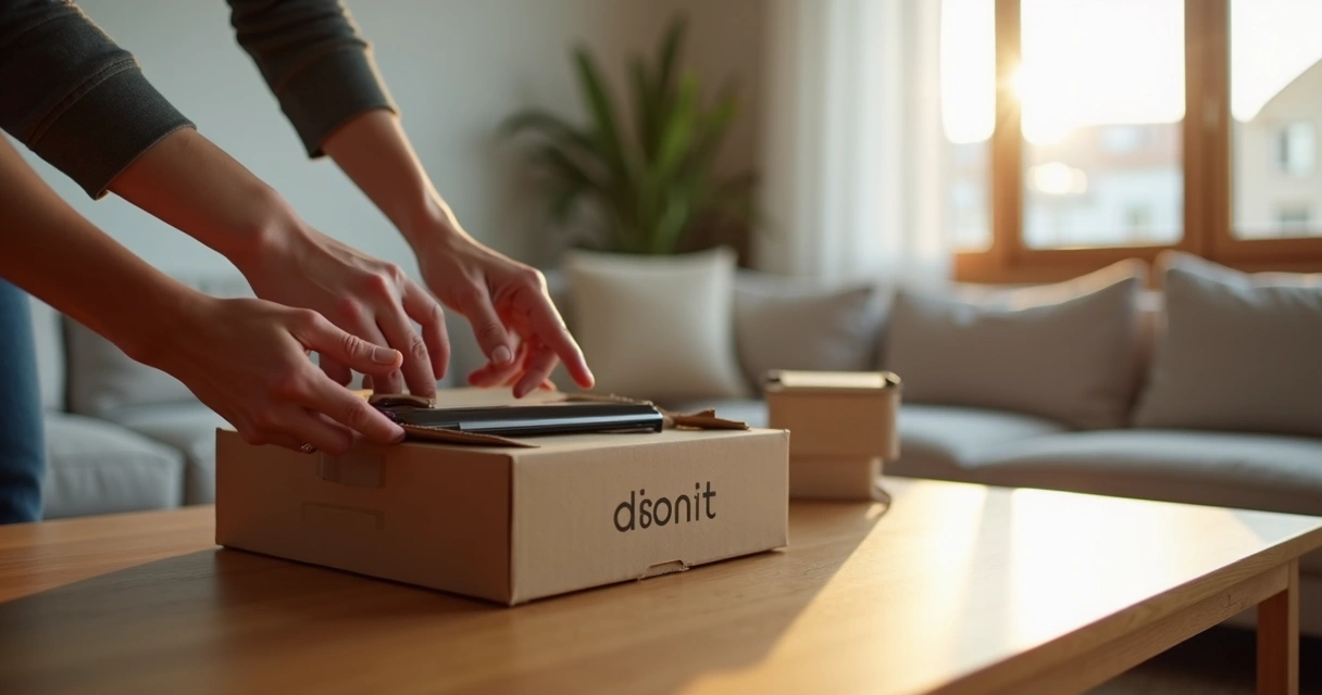 Person's hands unboxing a product from a cardboard box with packaging in a living room 