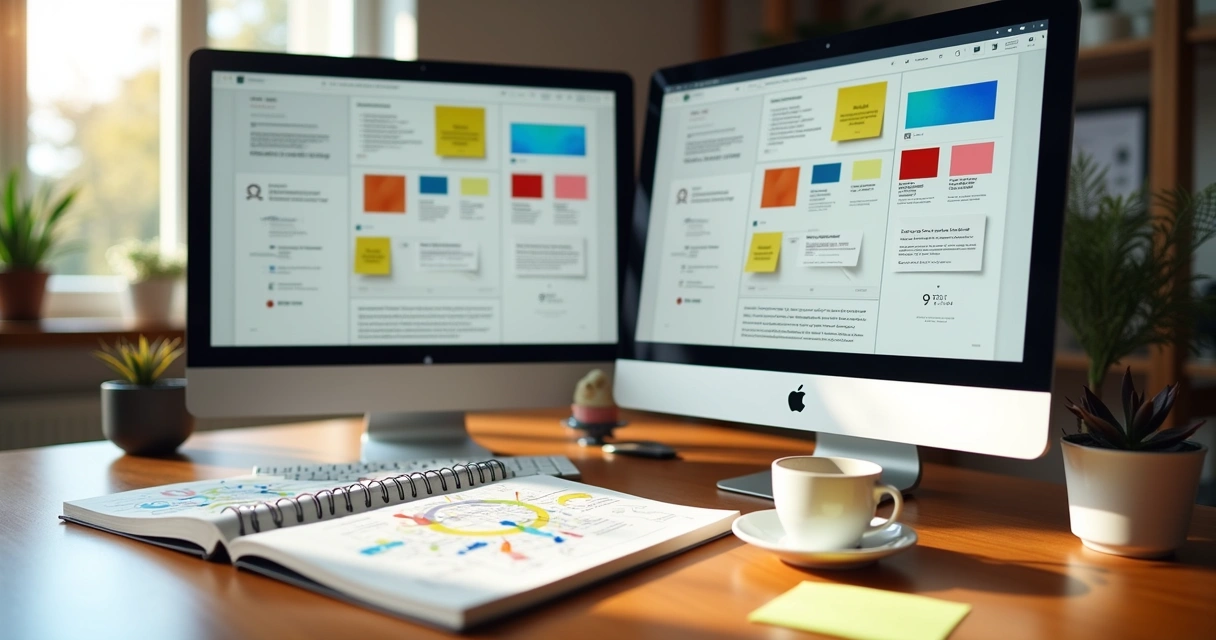 Designer workspace with web page wireframes and color palettes