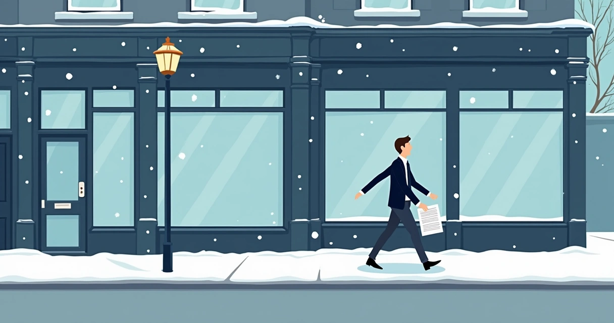 Concept illustration showing a cold, quiet UK city with closed job agency windows 