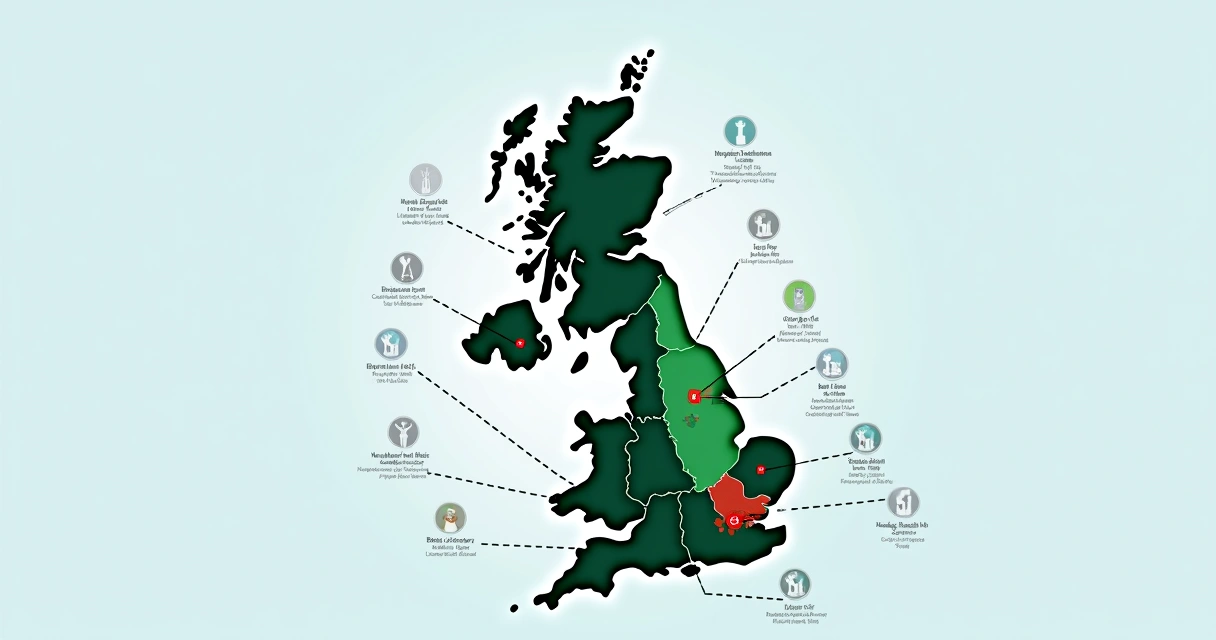 Map of the UK highlighting regions with strongest and weakest job growth in February 2026 