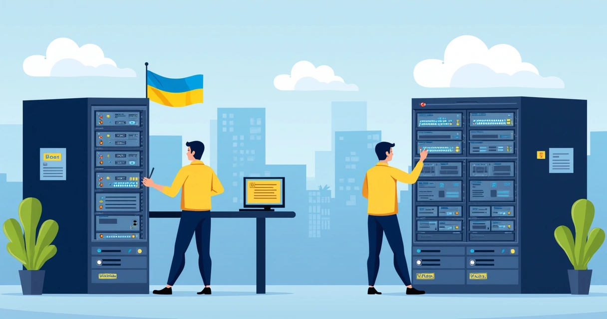 Corporate office workers managing Ukrainian VPS server setup 