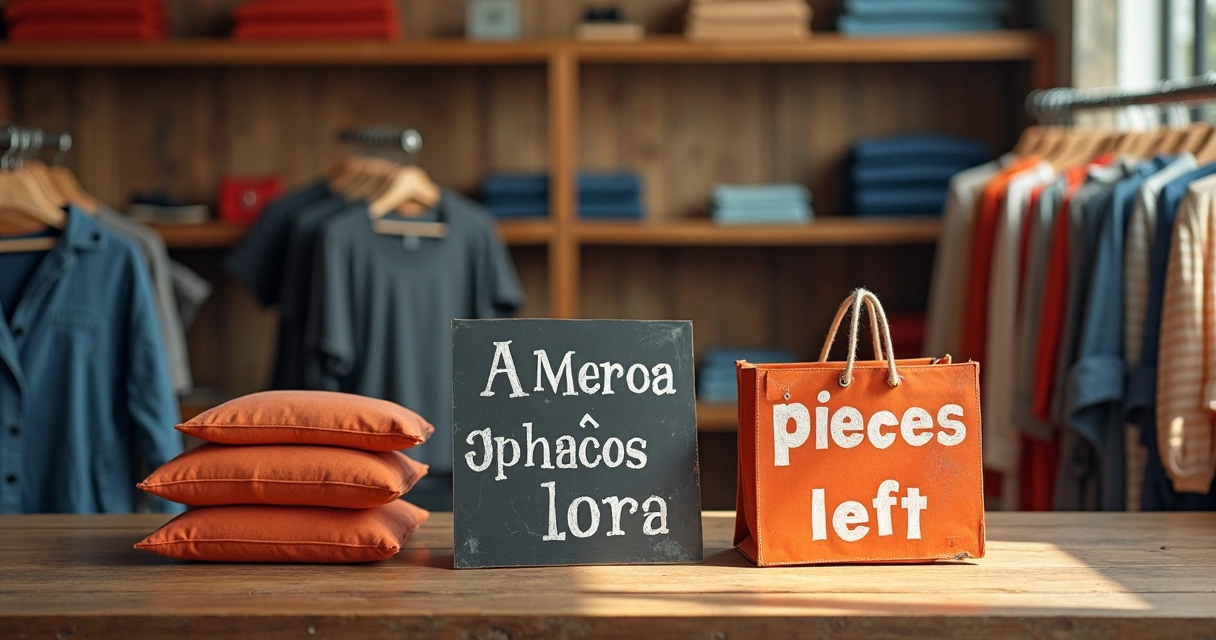 Roupas em prateleiras com cartaz de últimas unidades 
