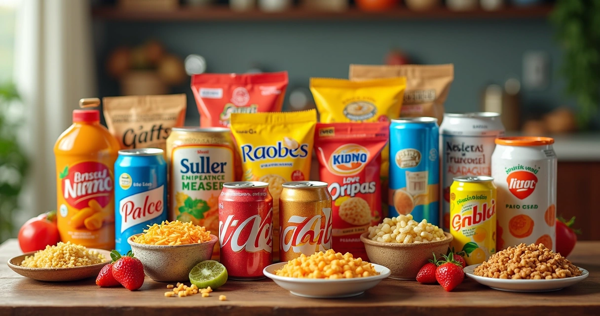 Food assortment with processed snacks and colorful packaging on a wooden table 