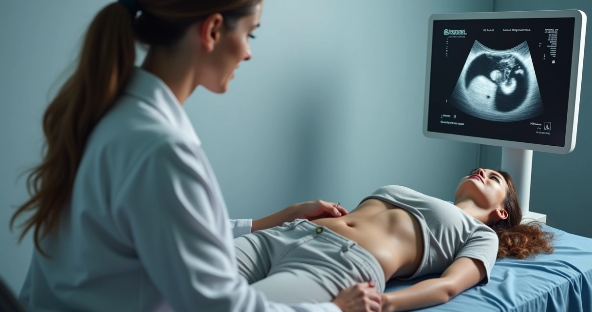 Médica realizando ultrassom abdominal em mulher deitada 