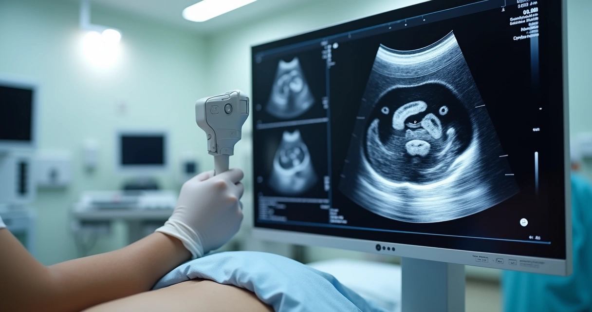 Ultrassom abdominal mostrando imagem detalhada dos órgãos internos em tela de alta resolução 