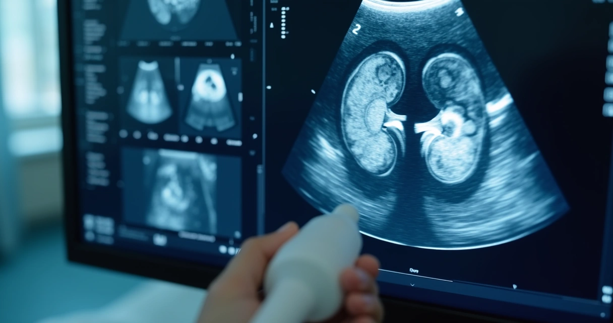 Exame de ultrassonografia mostrando cálculo renal no rim direito 