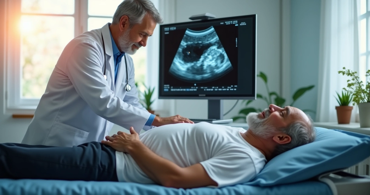 Médico realizando ultrassom abdominal em paciente idoso 