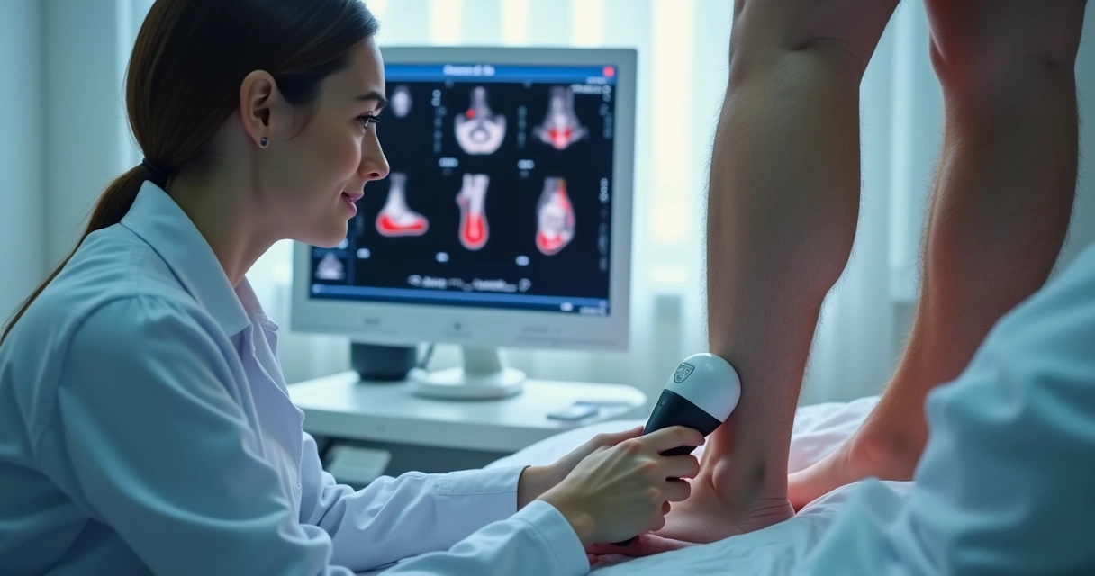 Paciente realizando exame de ultrassom doppler em consultório vascular 