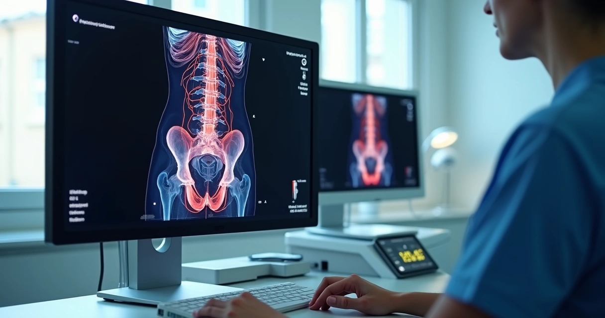 Exame ultrassom Doppler colorido da pelve mostrando vasos sanguíneos abdominais detalhados 