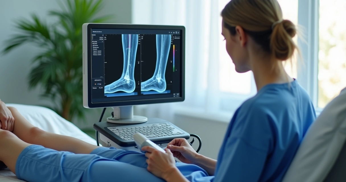Profissional realizando ultrassom Doppler em perna direita de paciente sentado 