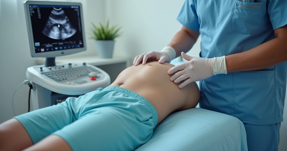 Aparelho de ultrassom próximo à bolsa escrotal durante exame