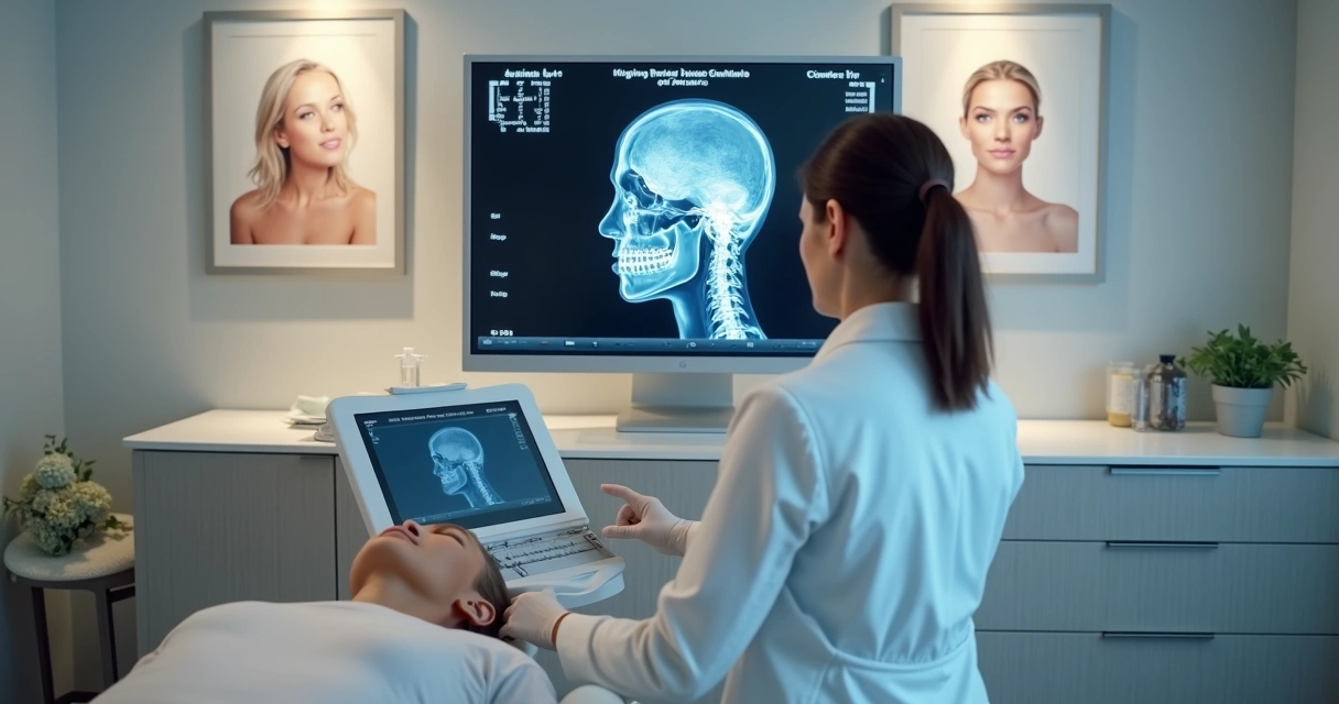 Médico realizando avaliação facial com ultrassom digital 